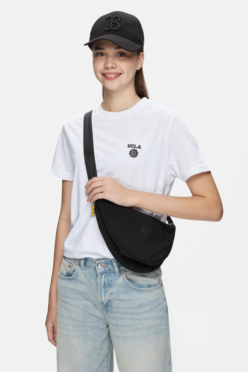 UCLA Geanta de dama tip borseta, cu logo si fermoar, Negru, KNOX