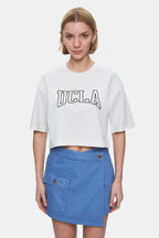 UCLA Pantaloni scurti cu snur si banda elastica in talie, buzunare laterale si imprimeu cu logo discret, MEDIUM WASH, LINDA