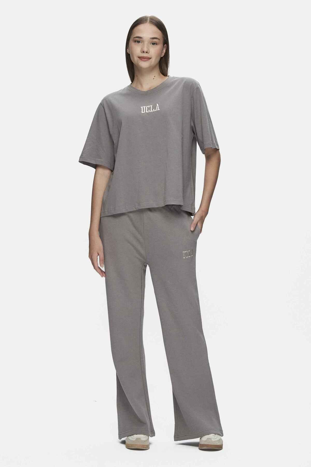 UCLA Tricou cu decolteu la baza gatului, imprimeu cu logo, regular fit, Gri, MANUELA