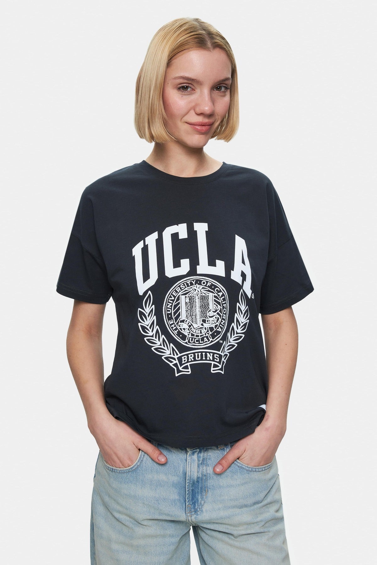 UCLA Tricou cu decolteu la baza gatului, imprimeu cu logo, regular fit, Gri, AVALON