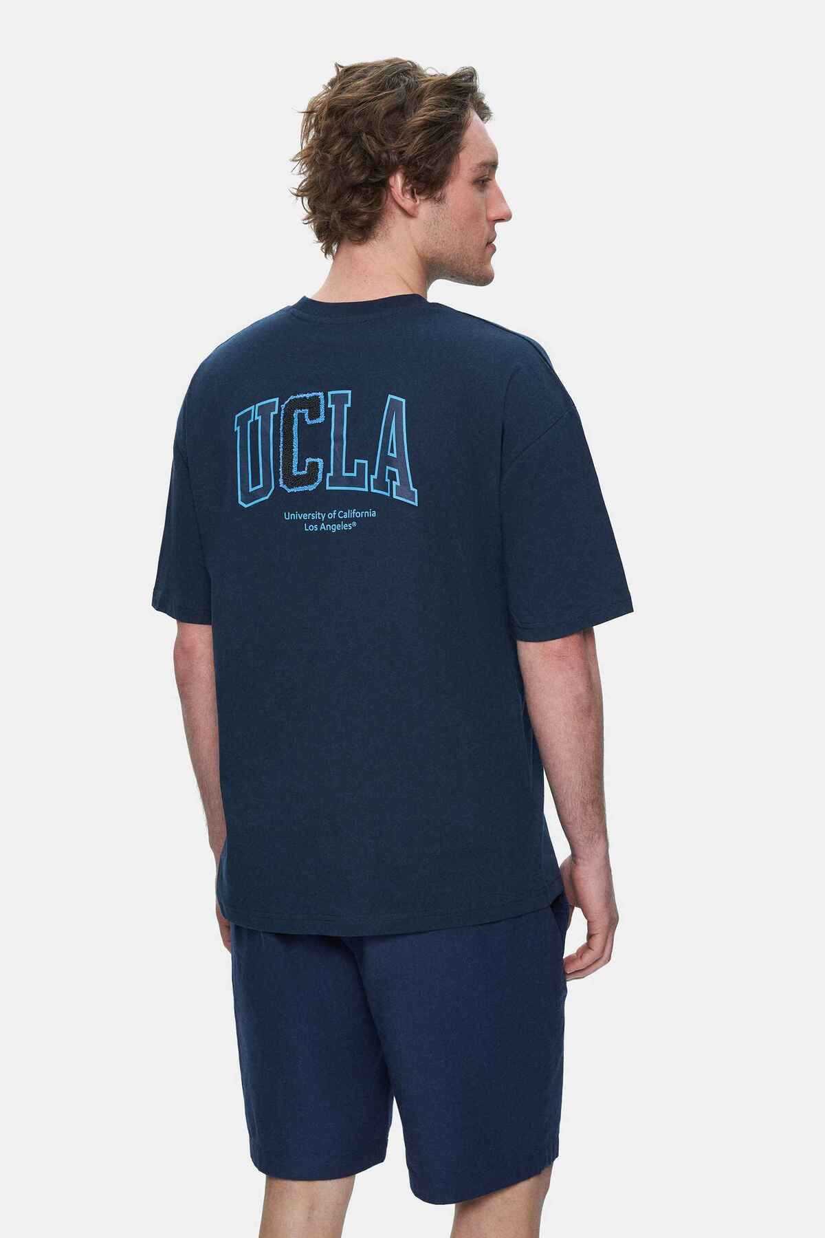 UCLA Tricou cu decolteu la baza gatului, imprimeu cu logo, regular fit, Bleumarin, SINCLAIR