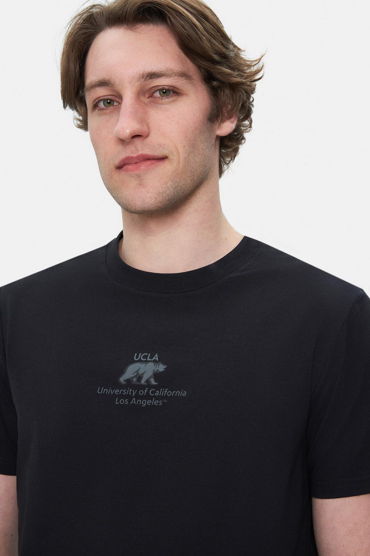 UCLA Tricou cu decolteu la baza gatului, imprimeu cu logo, regular fit, Negru, FABIO