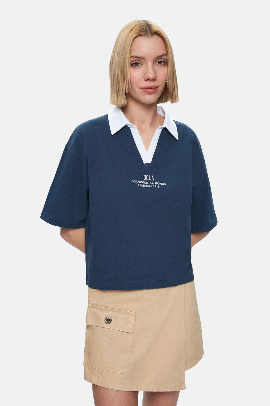UCLA Tricou cu decolteu la baza gatului, imprimeu cu logo, regular fit, Bleumarin, POLLY