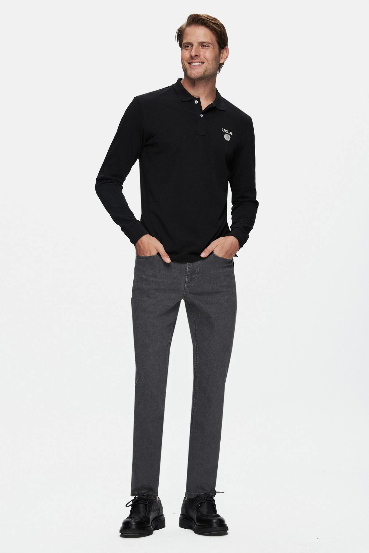 UCLA Bluza cu decolteu la baza gatului, regular fit, imprimeu cu logo, Negru, MAXWELL
