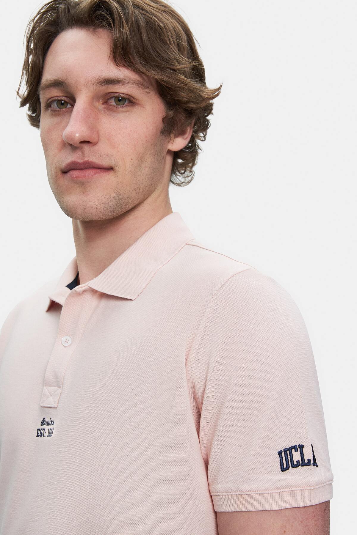 UCLA Tricou cu decolteu la baza gatului, imprimeu cu logo, regular fit, Roz, QUINTON