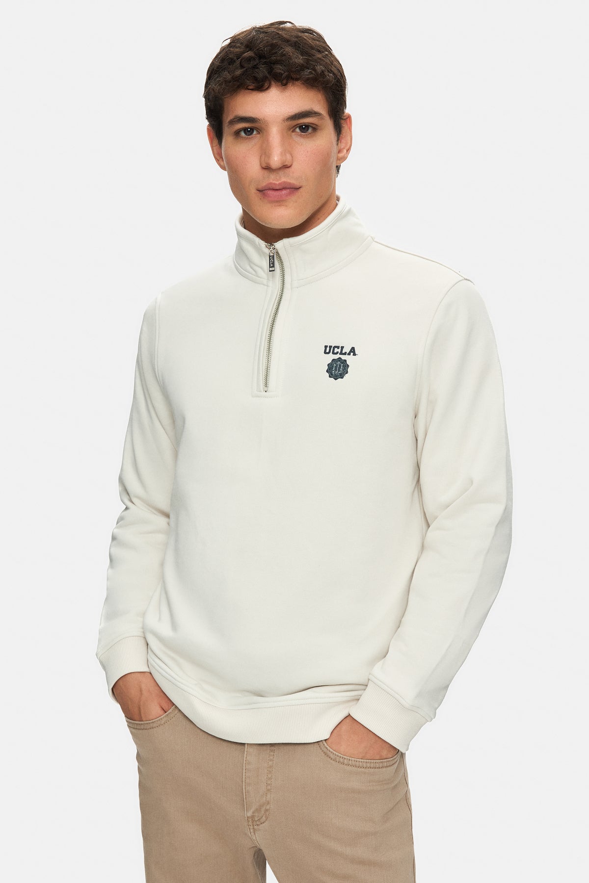 UCLA Bluza cu decolteu la baza gatului, regular fit, imprimeu cu logo, Alb, LEON