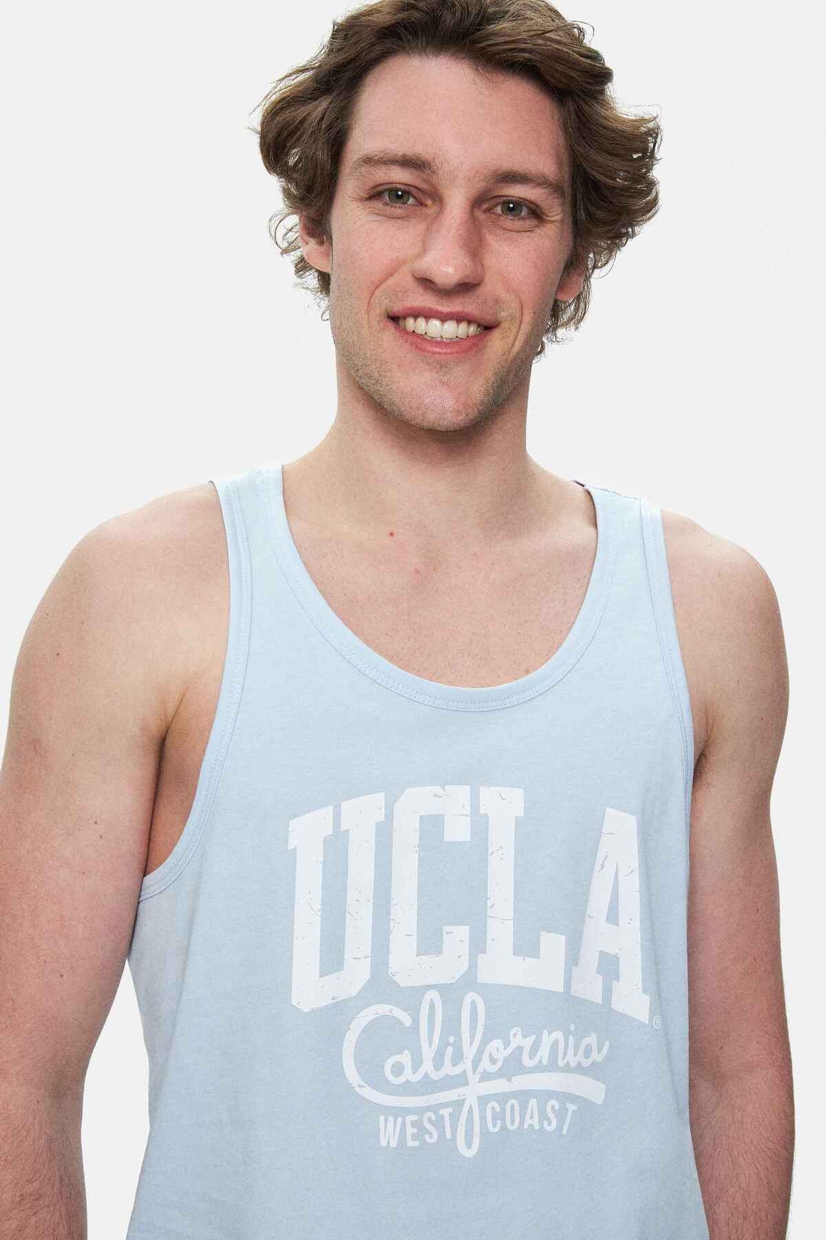 UCLA Tricou cu decolteu la baza gatului, imprimeu cu logo, regular fit, SKYWAY, PEBBLE