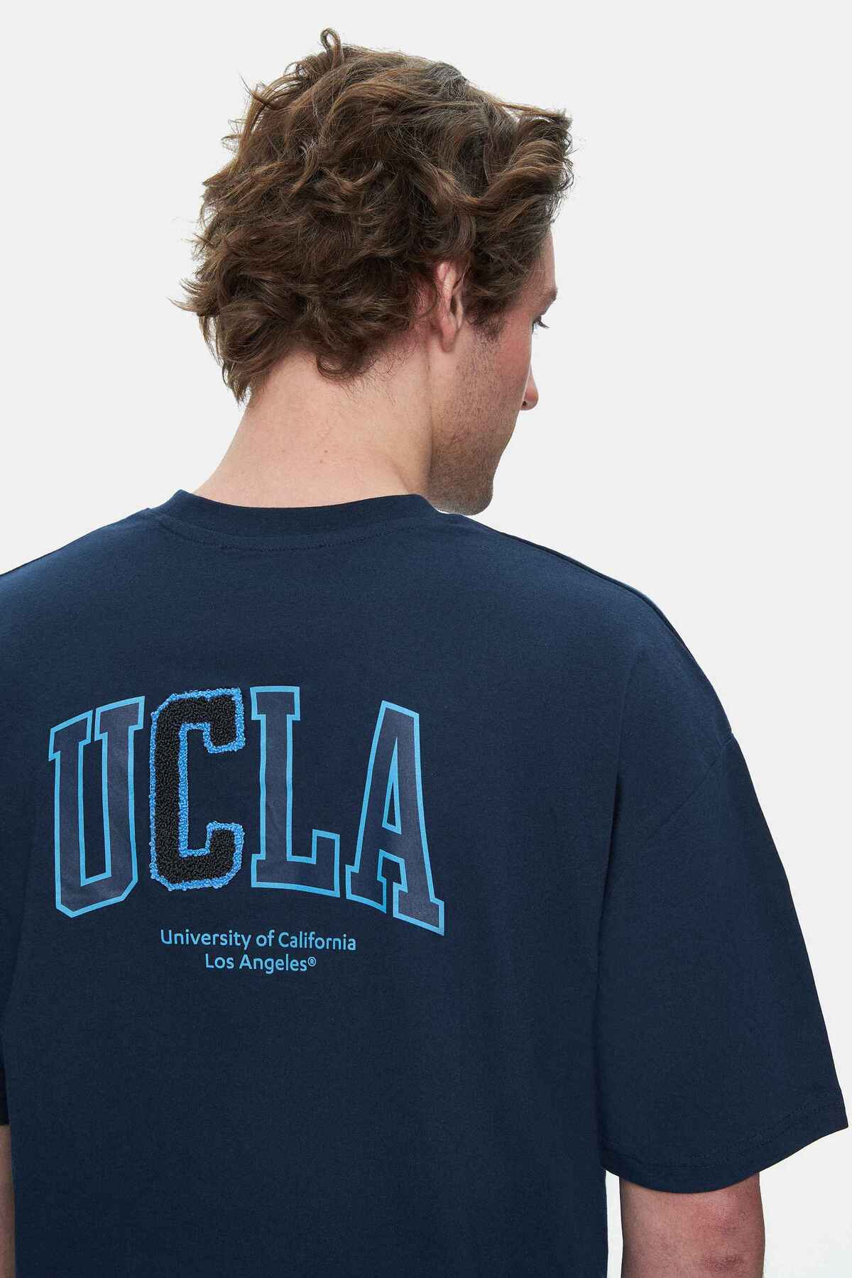 UCLA Tricou cu decolteu la baza gatului, imprimeu cu logo, regular fit, Bleumarin, SINCLAIR