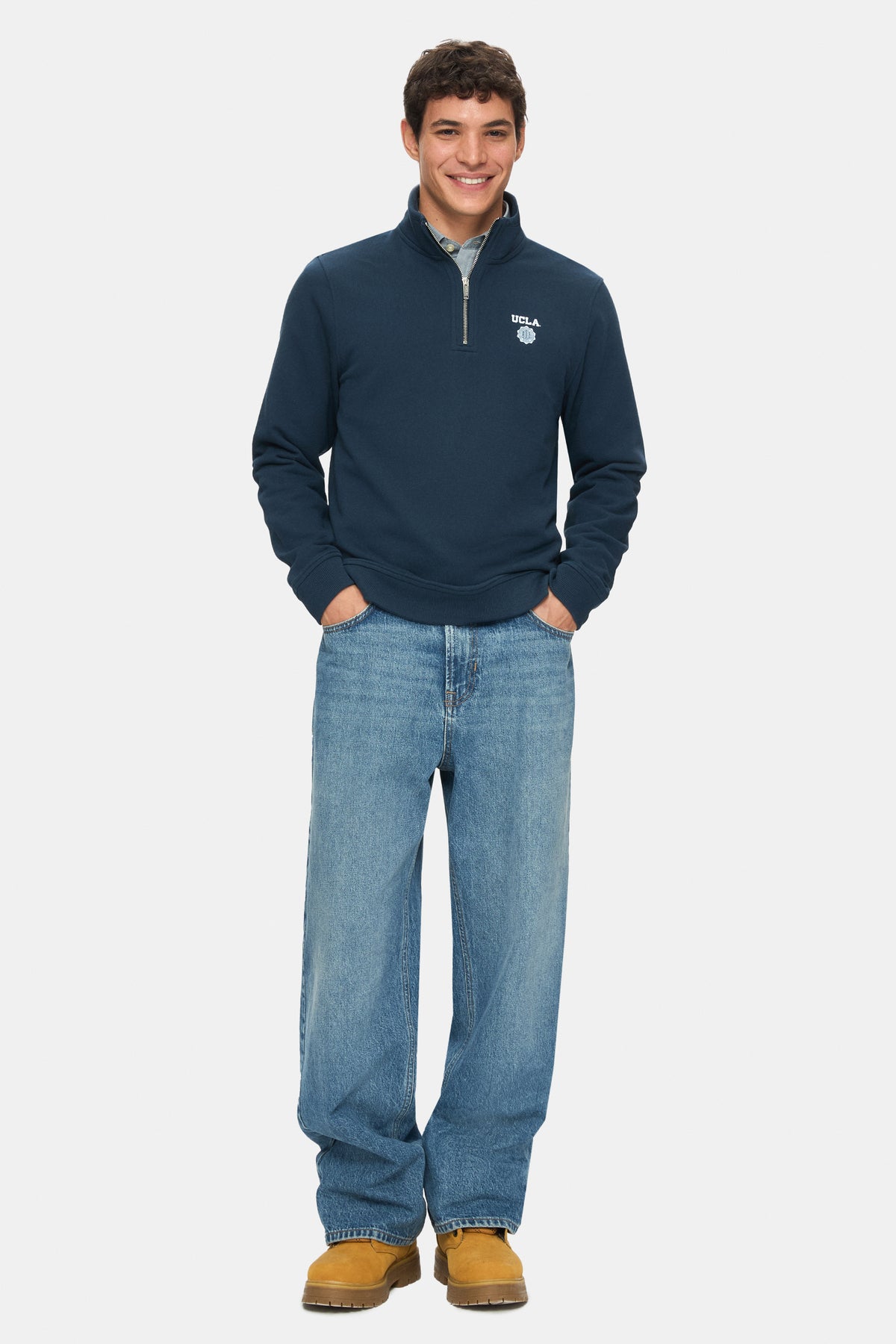 UCLA Bluza cu decolteu la baza gatului, regular fit, imprimeu cu logo, Bleumarin, LEON