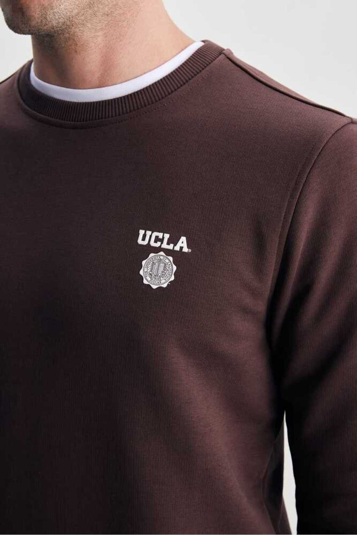 UCLA Bluza cu decolteu la baza gatului, regular fit, imprimeu cu logo, Maro, VALLEY
