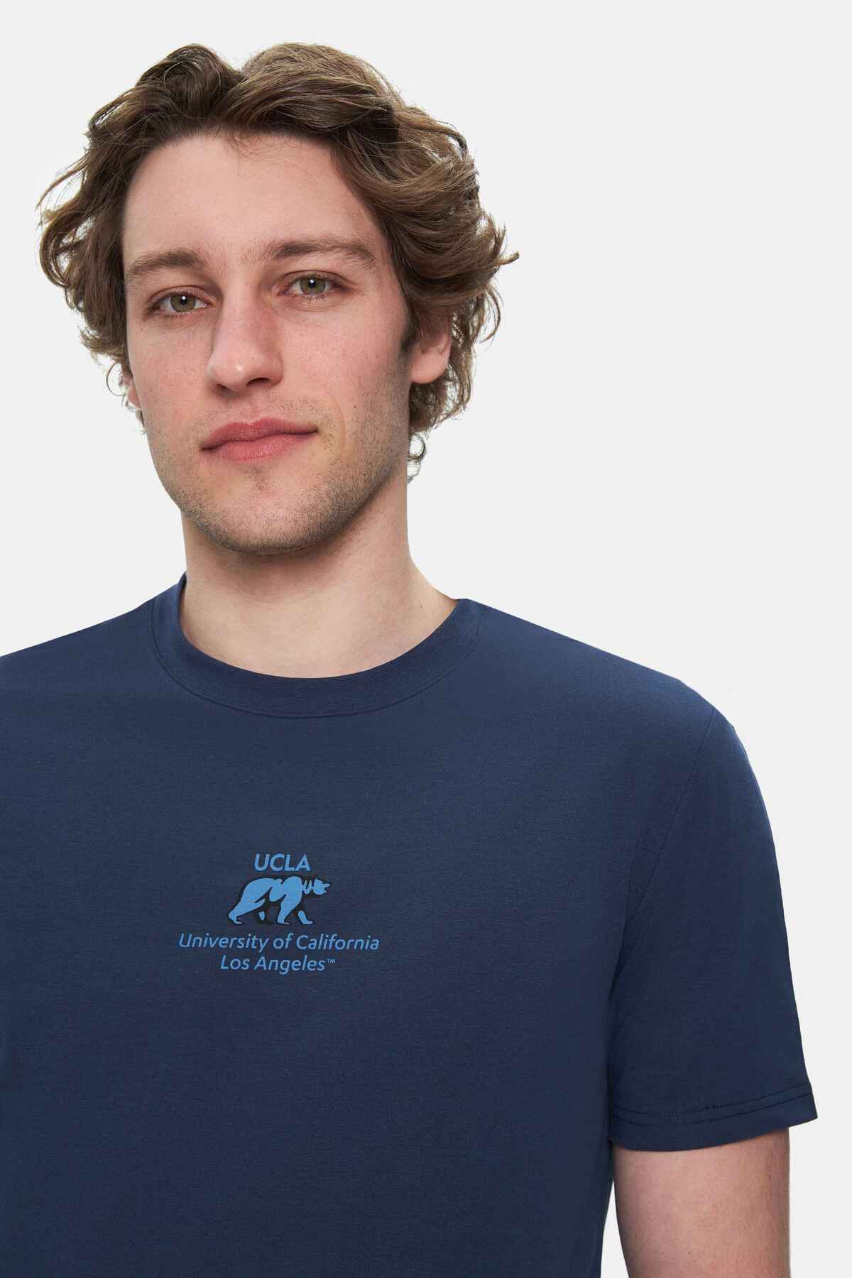 UCLA Tricou cu decolteu la baza gatului, imprimeu cu logo, regular fit, Bleumarin, FABIO