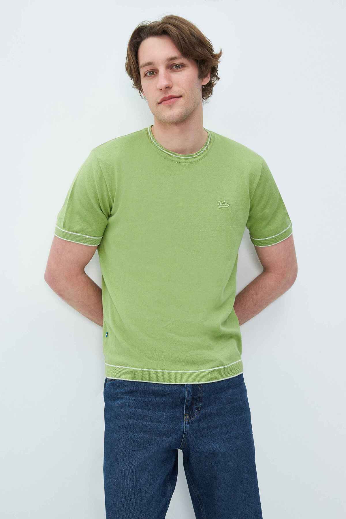 UCLA Tricou cu decolteu la baza gatului, imprimeu cu logo, regular fit, Verde inchis, FARED