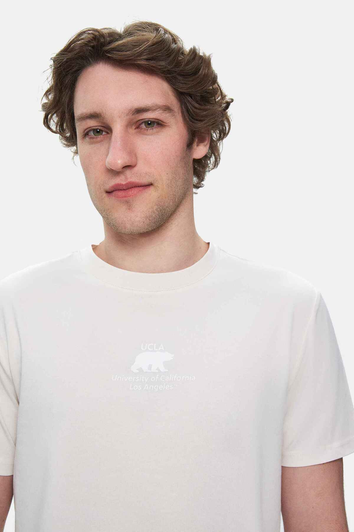 UCLA Tricou cu decolteu la baza gatului, imprimeu cu logo, regular fit, Alb, FABIO