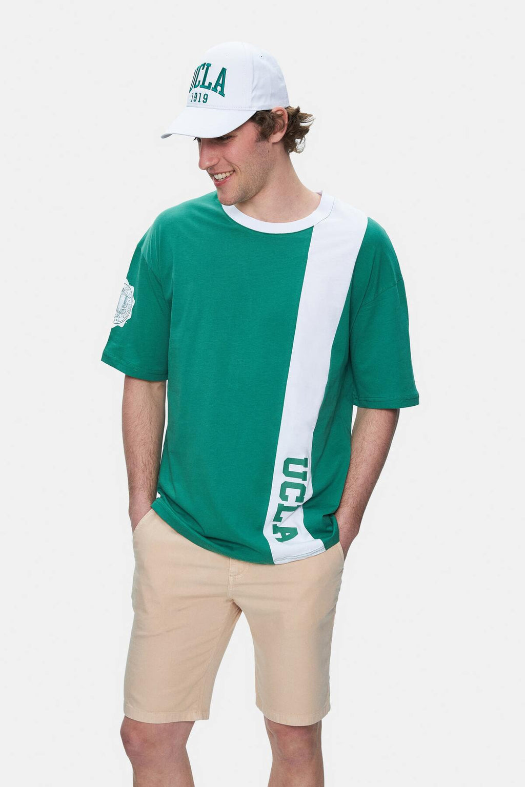 UCLA Tricou cu decolteu la baza gatului, imprimeu cu logo, regular fit, Verde, KEITH
