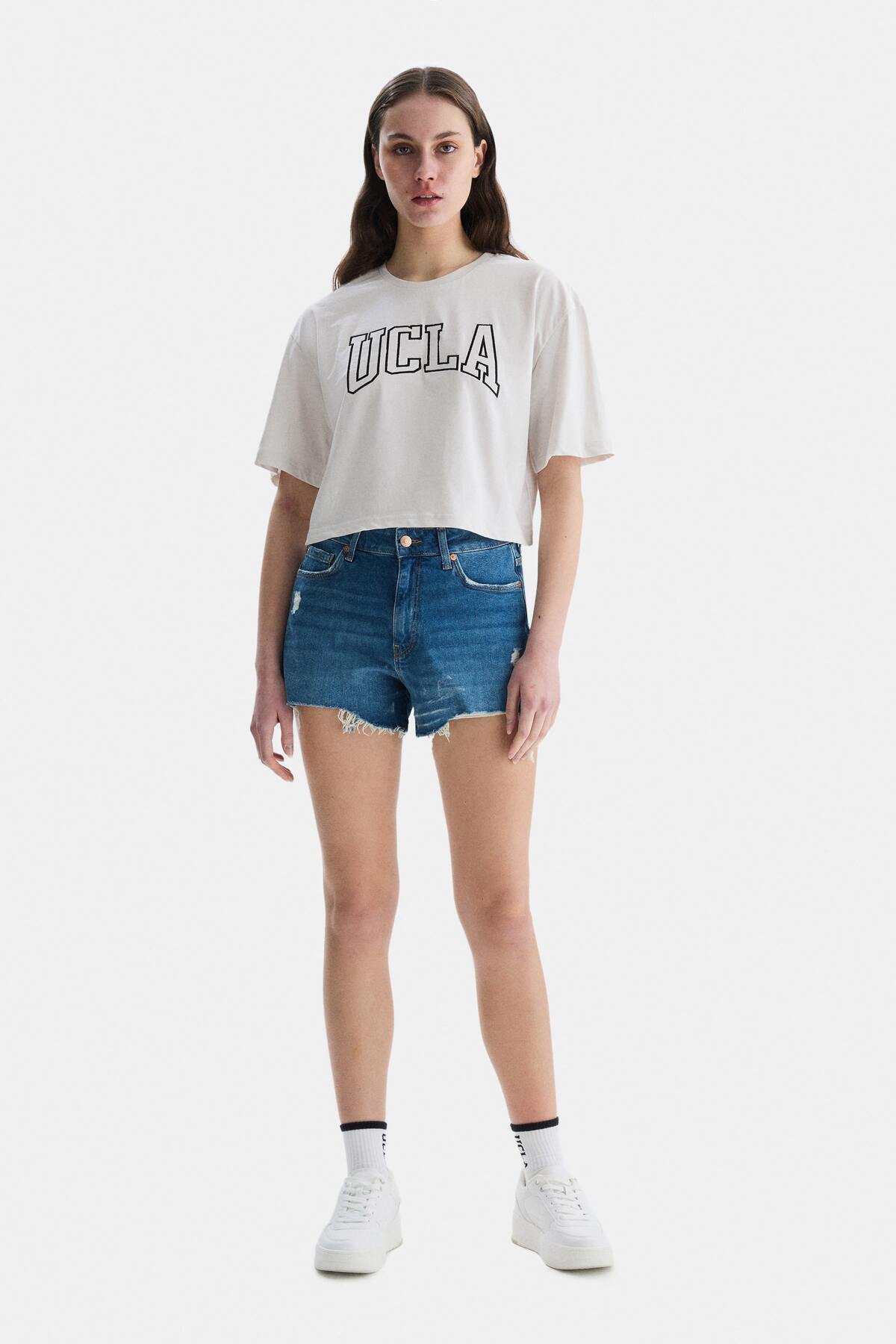 UCLA Tricou cu decolteu la baza gatului, imprimeu cu logo, regular fit, Alb, HELENA