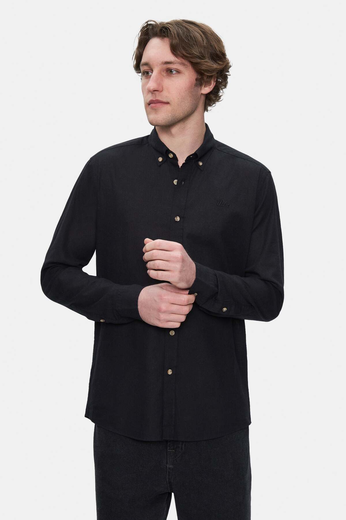 UCLA Camsa cu nasturi si guler, material lejer, regular fit Negru, JACQUEZ