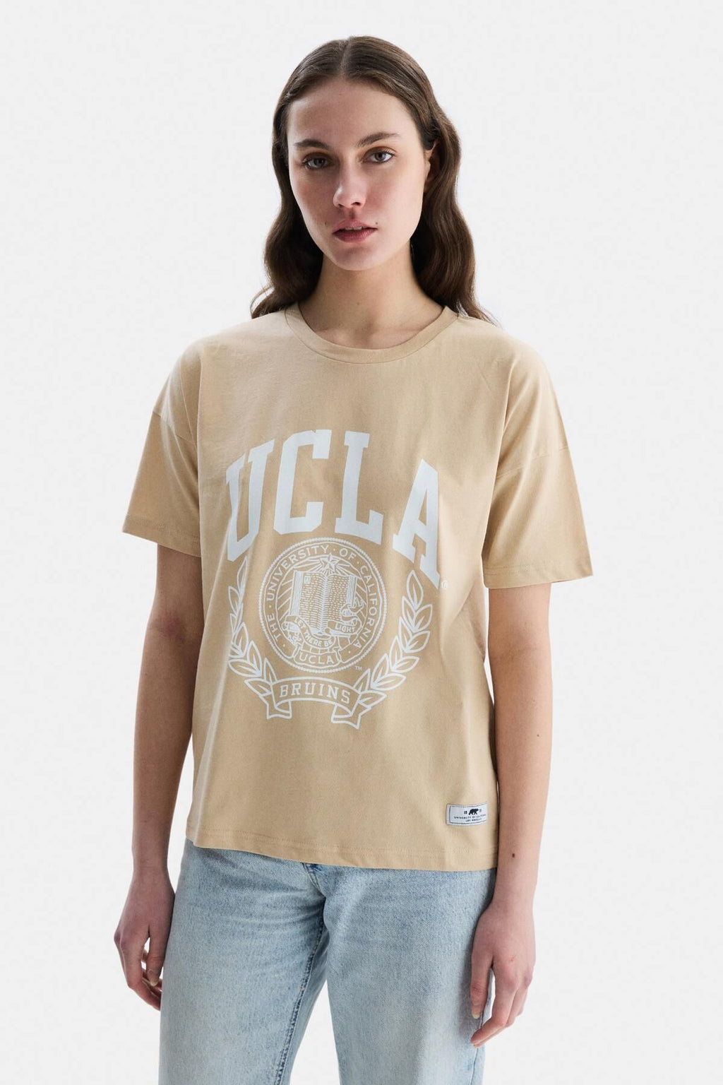 UCLA Tricou cu decolteu la baza gatului, imprimeu cu logo, regular fit, Bej, AVALON