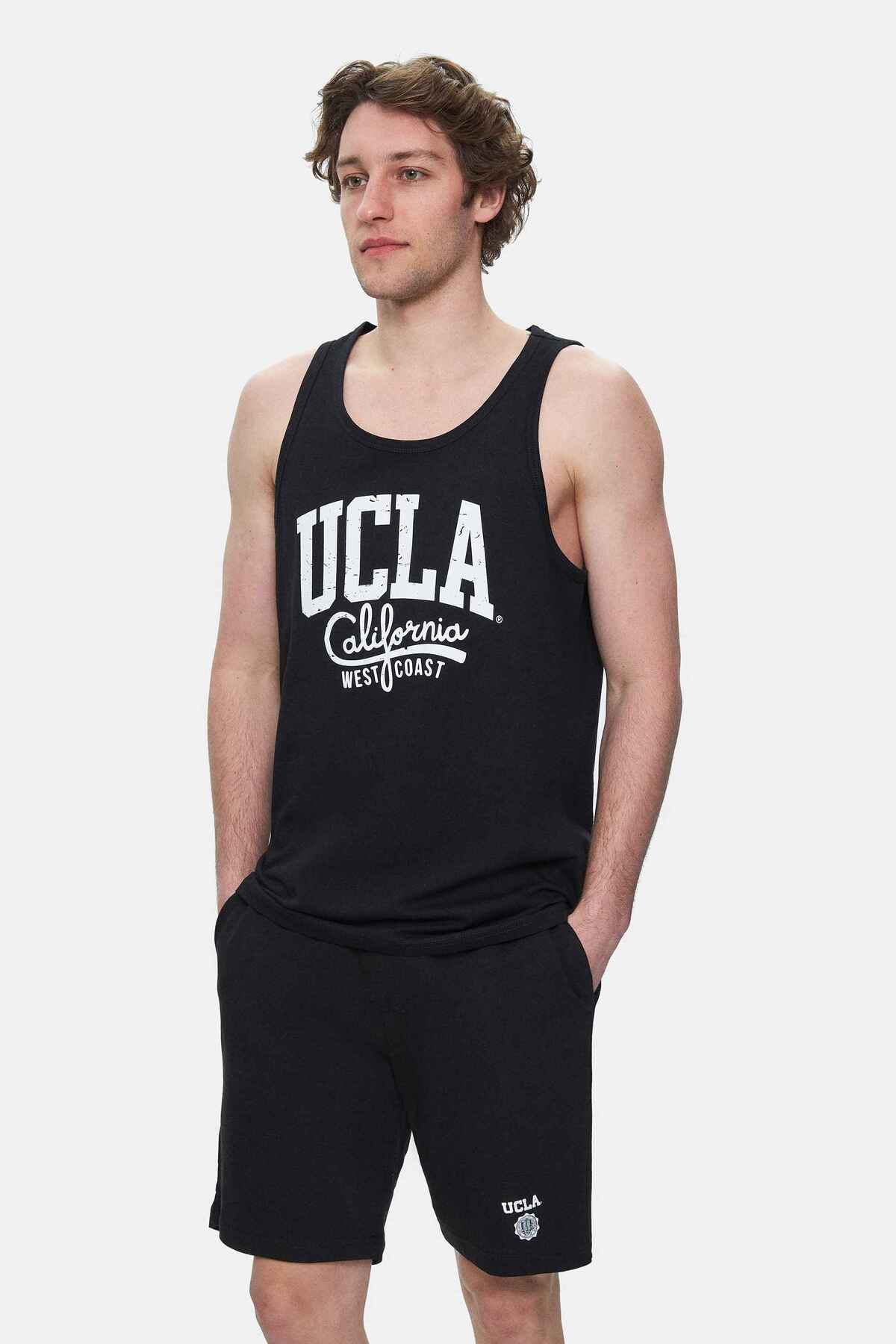 UCLA Tricou cu decolteu la baza gatului, imprimeu cu logo, regular fit, Negru, PEBBLE