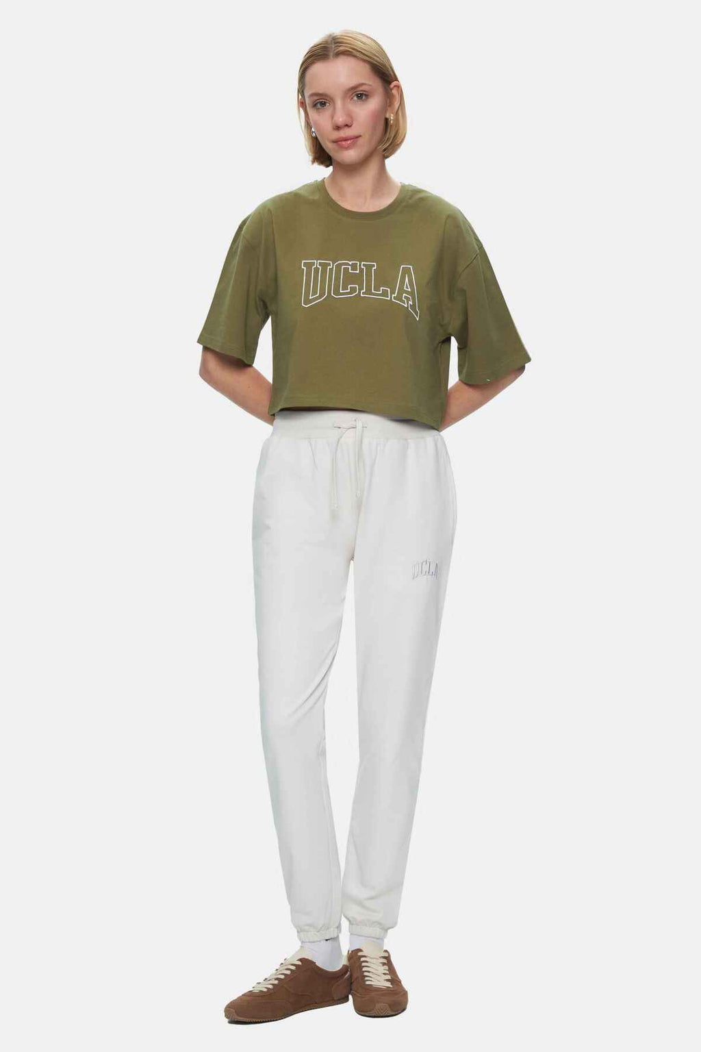 UCLA Tricou cu decolteu la baza gatului, imprimeu cu logo, regular fit, Verde, HELENA