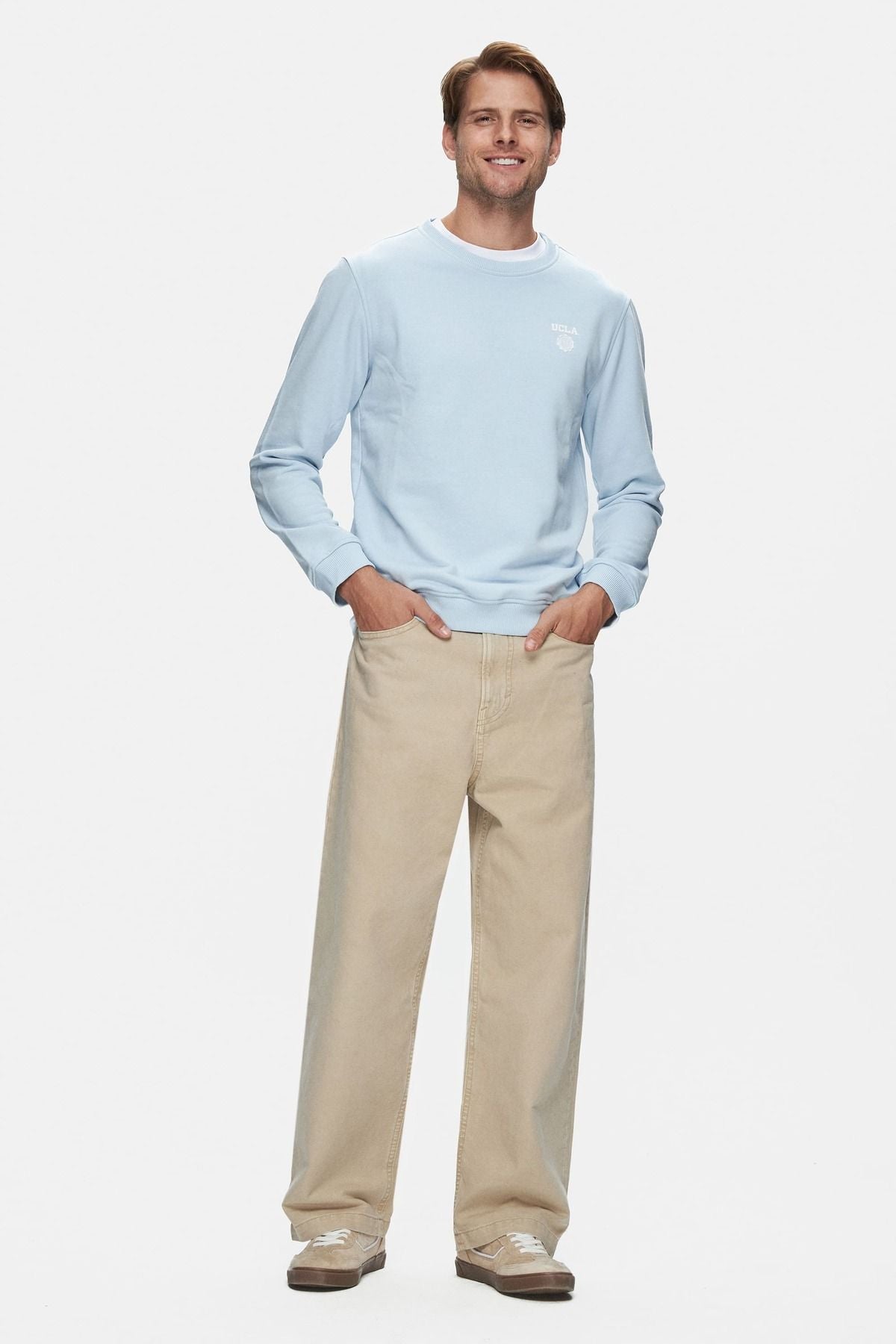 UCLA Bluza cu decolteu la baza gatului, regular fit, imprimeu cu logo, Albastru, VALLEY