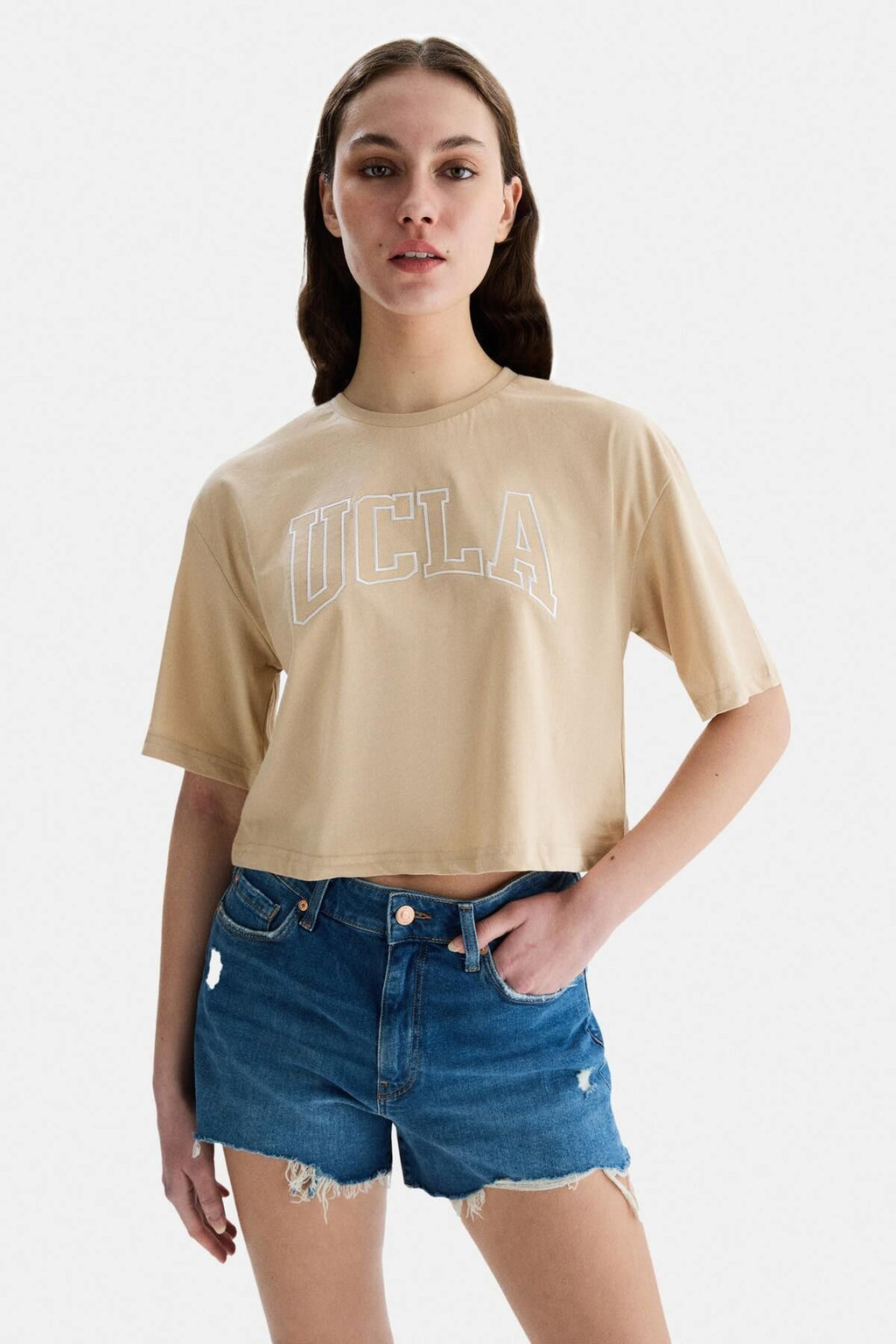 UCLA Tricou cu decolteu la baza gatului, imprimeu cu logo, regular fit, Bej, HELENA