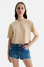 UCLA Tricou cu decolteu la baza gatului, imprimeu cu logo, regular fit, Bej, HELENA