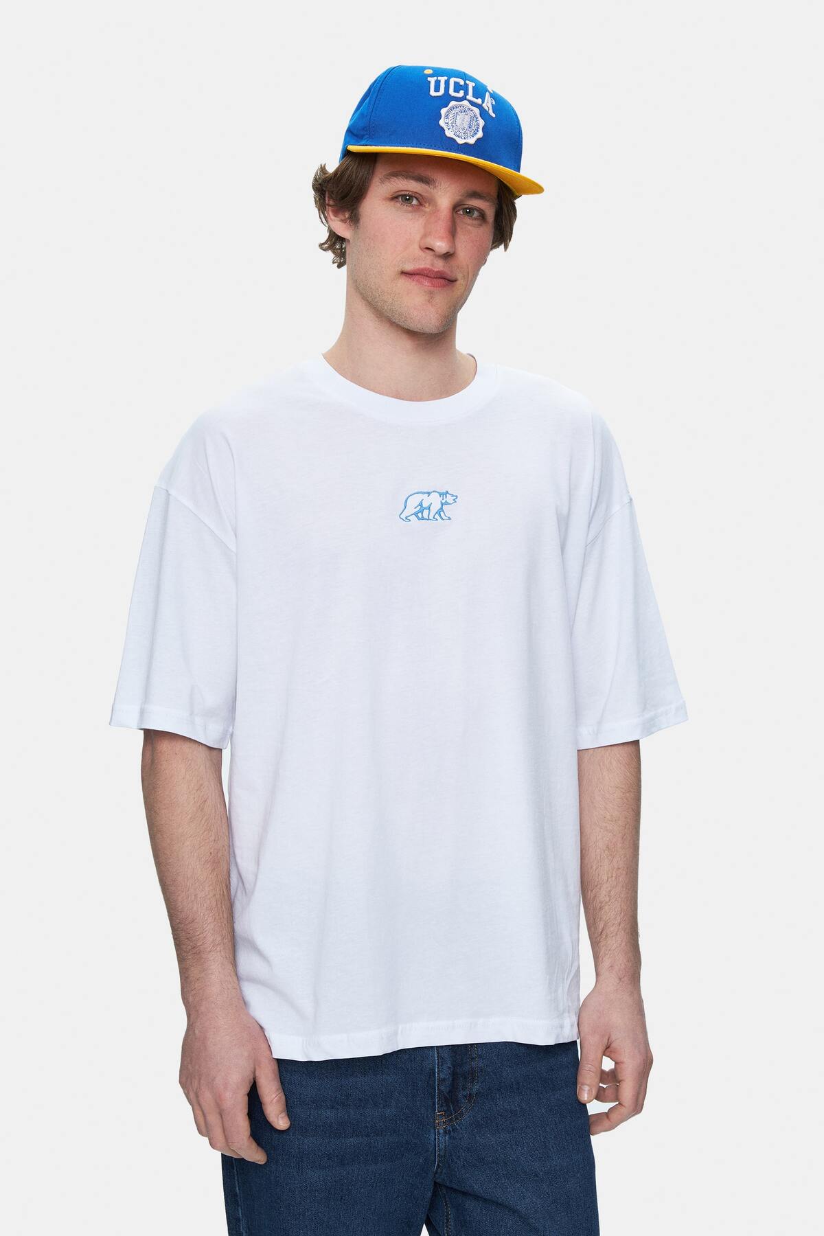 UCLA Tricou cu decolteu la baza gatului, imprimeu cu logo, regular fit, Alb, SINCLAIR