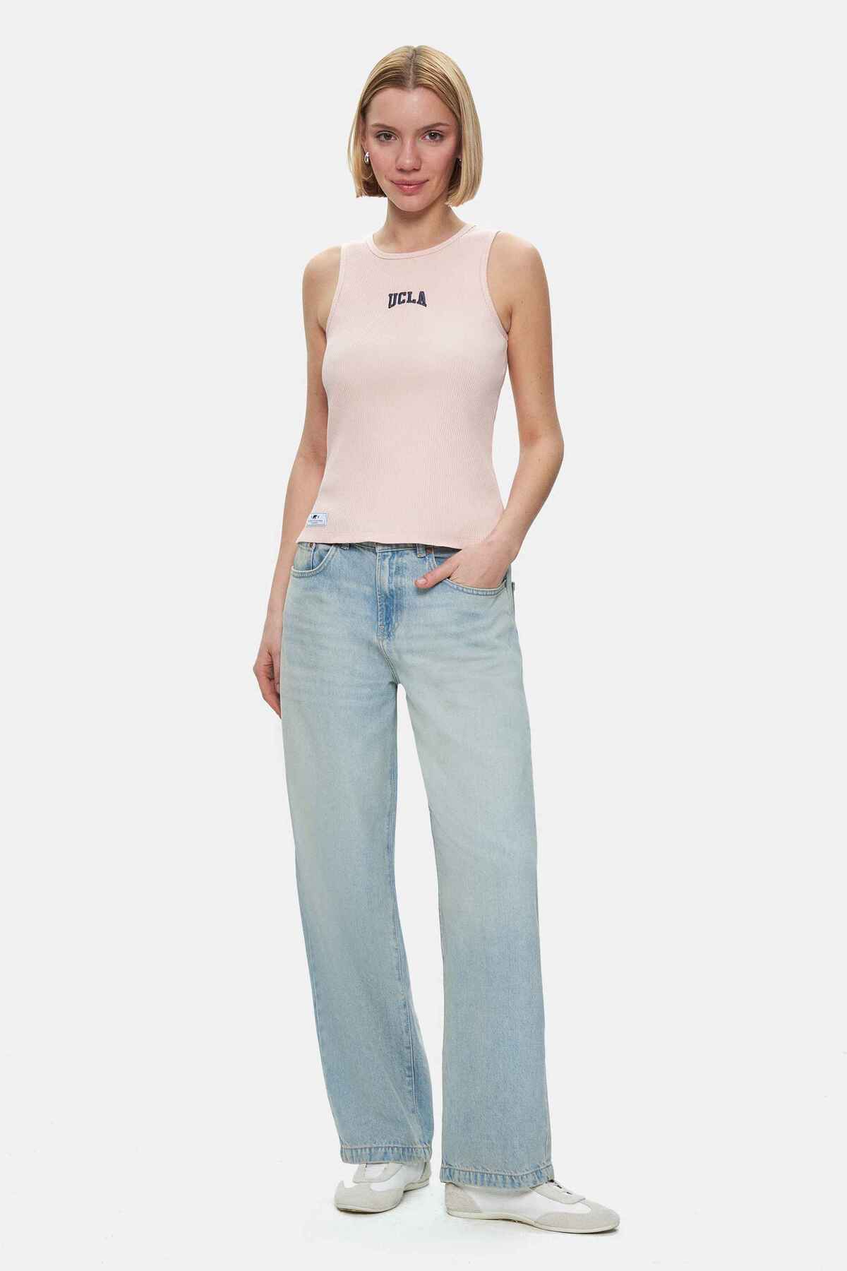UCLA Tricou cu decolteu la baza gatului, imprimeu cu logo, regular fit, Roz, SALINAS