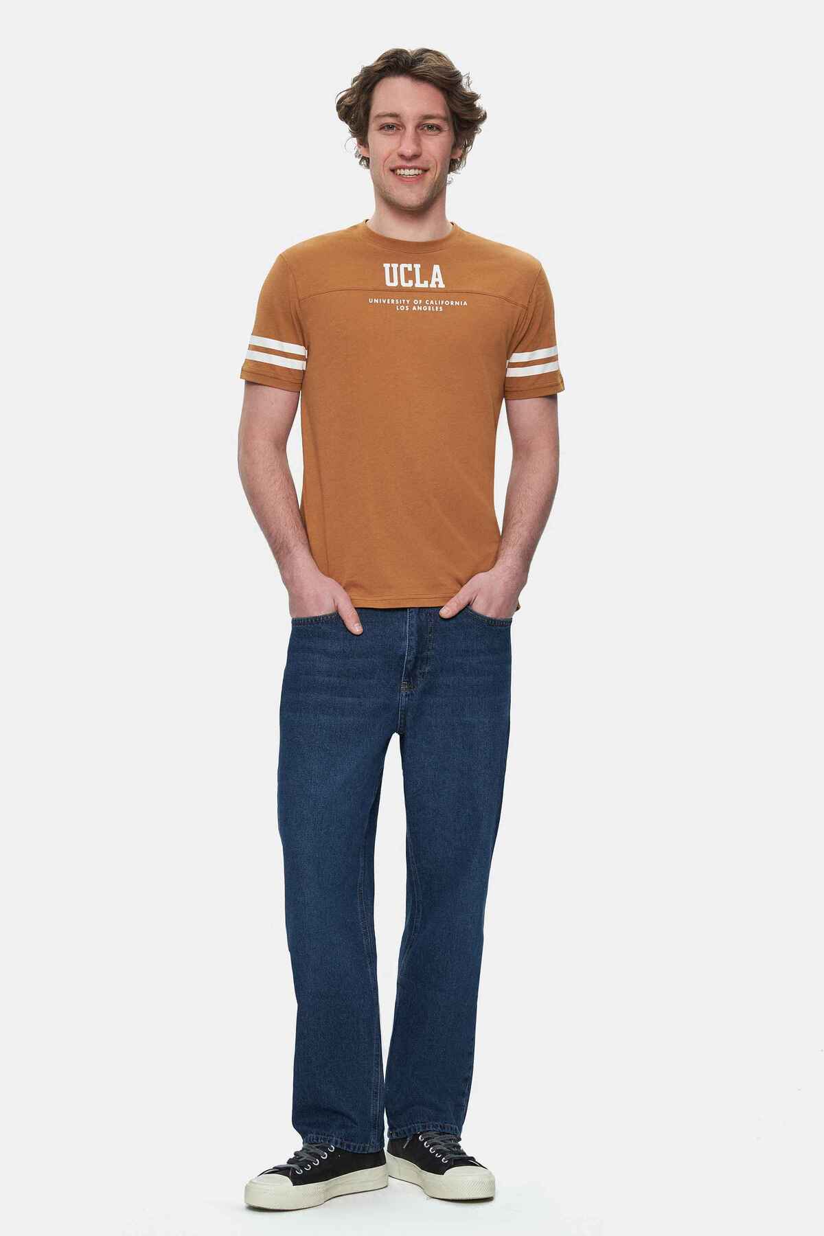 UCLA Tricou cu decolteu la baza gatului, imprimeu cu logo, regular fit, Maro, STARK