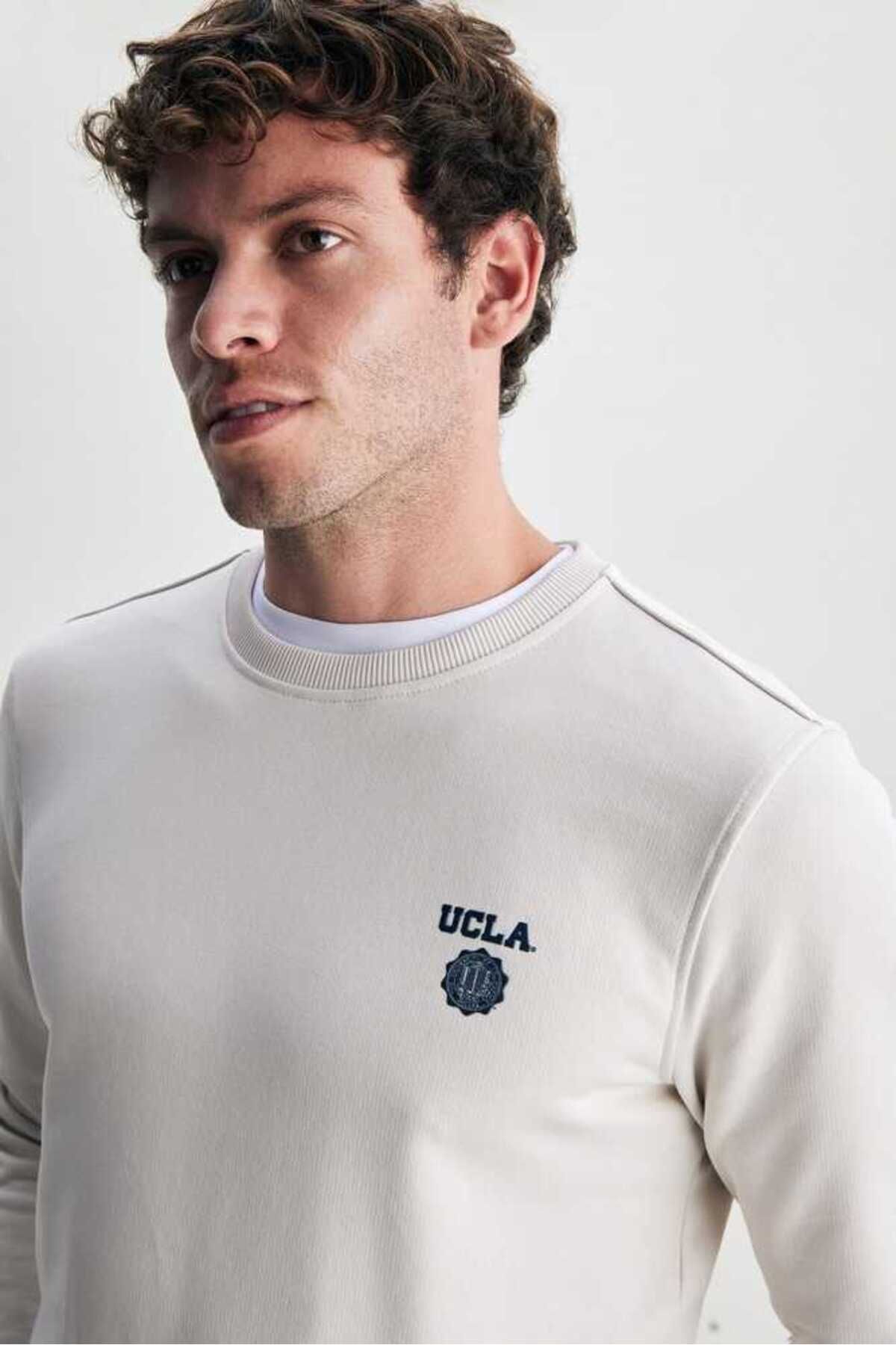 UCLA Bluza cu decolteu la baza gatului, regular fit, imprimeu cu logo, Alb, VALLEY