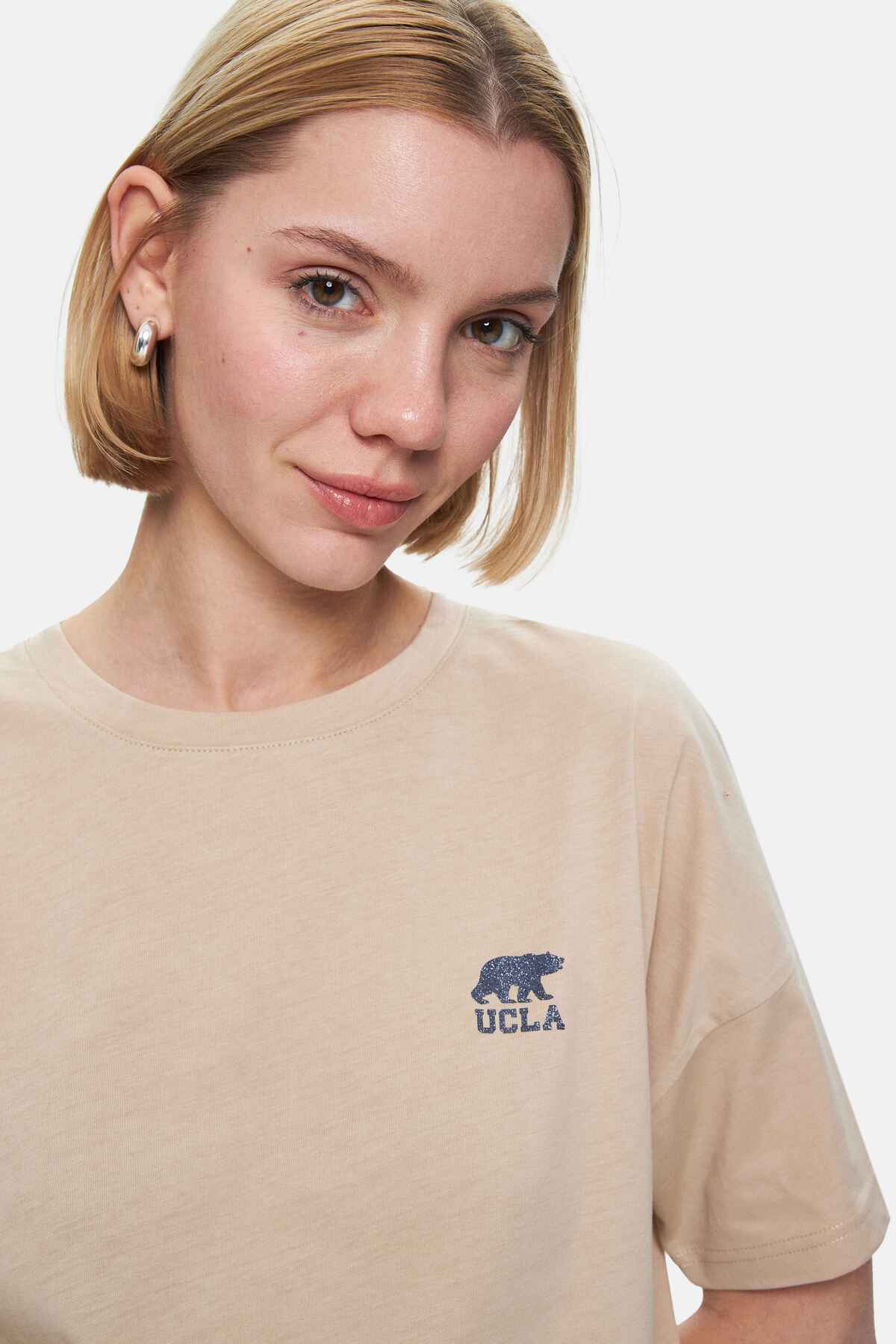 UCLA Tricou cu decolteu la baza gatului, imprimeu cu logo, regular fit, Bej, KENZIE