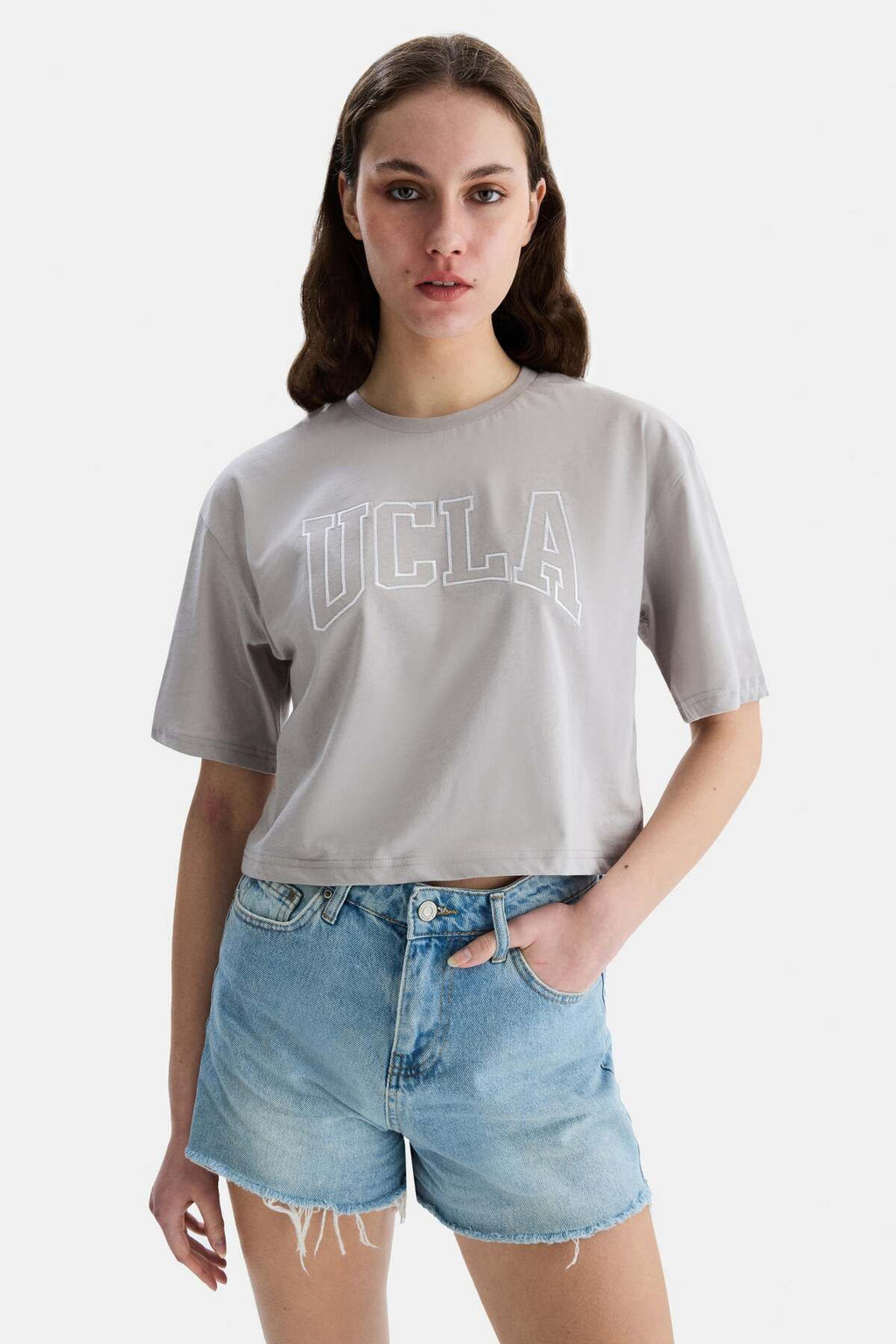 UCLA Tricou cu decolteu la baza gatului, imprimeu cu logo, regular fit, Gri, HELENA