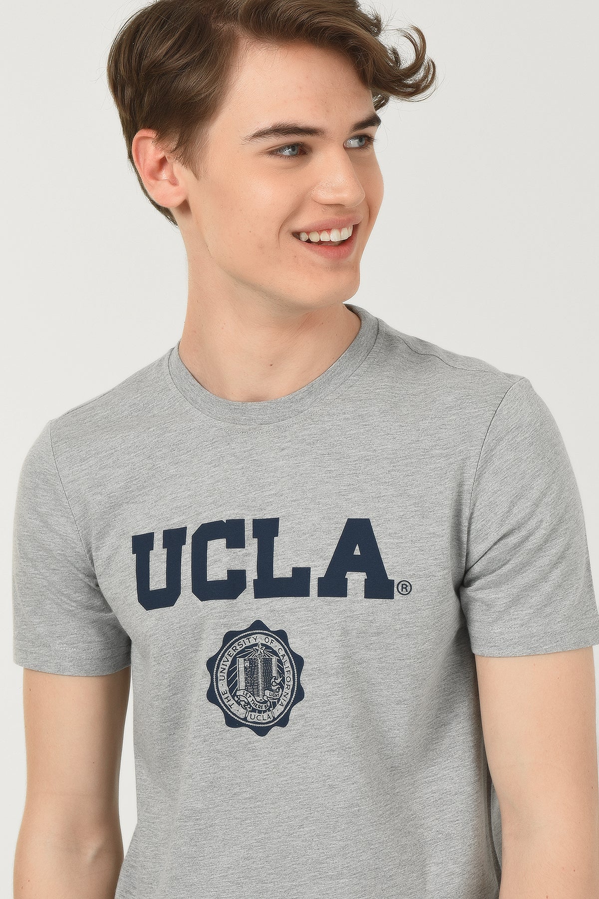 UCLA Tricou cu decolteu la baza gatului, imprimeu cu logo, regular fit, Gri, GAYLEY