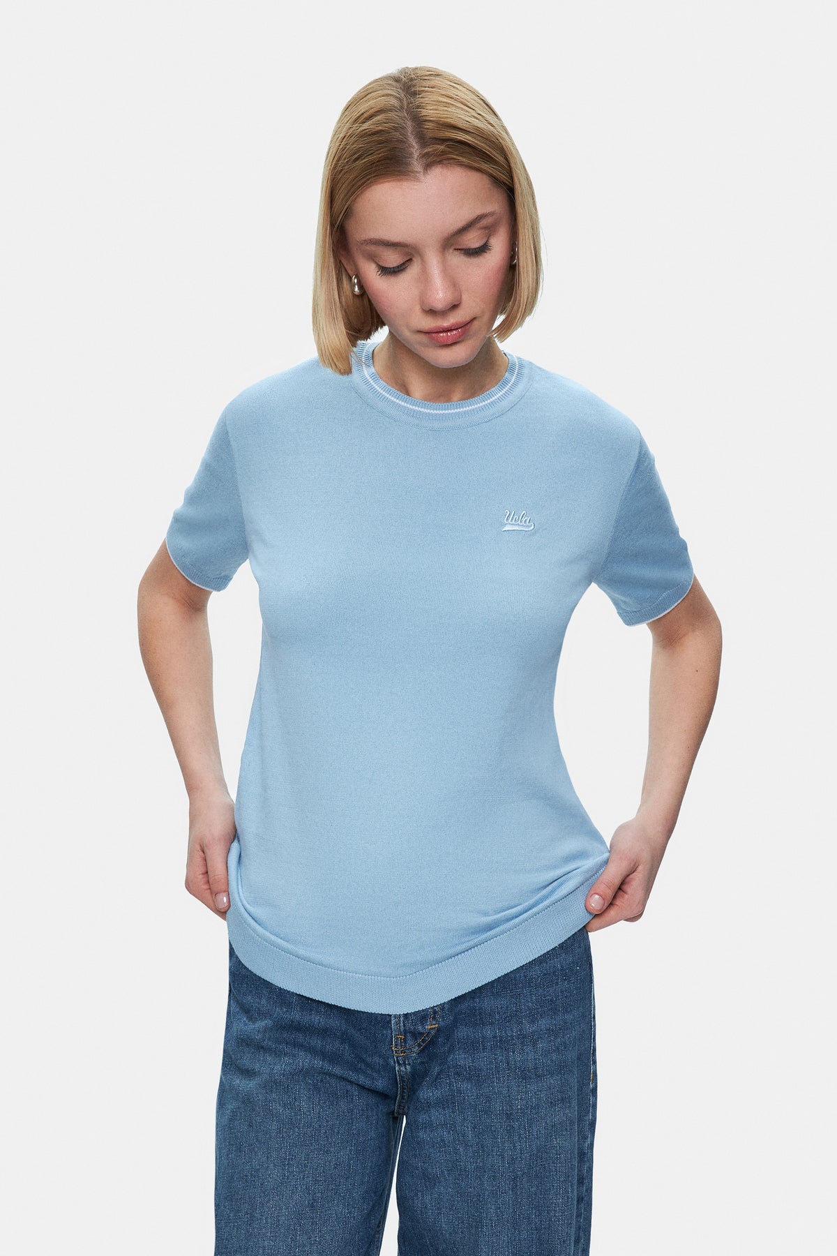 UCLA Tricou cu decolteu la baza gatului, imprimeu cu logo, regular fit, Albastru, JENNY