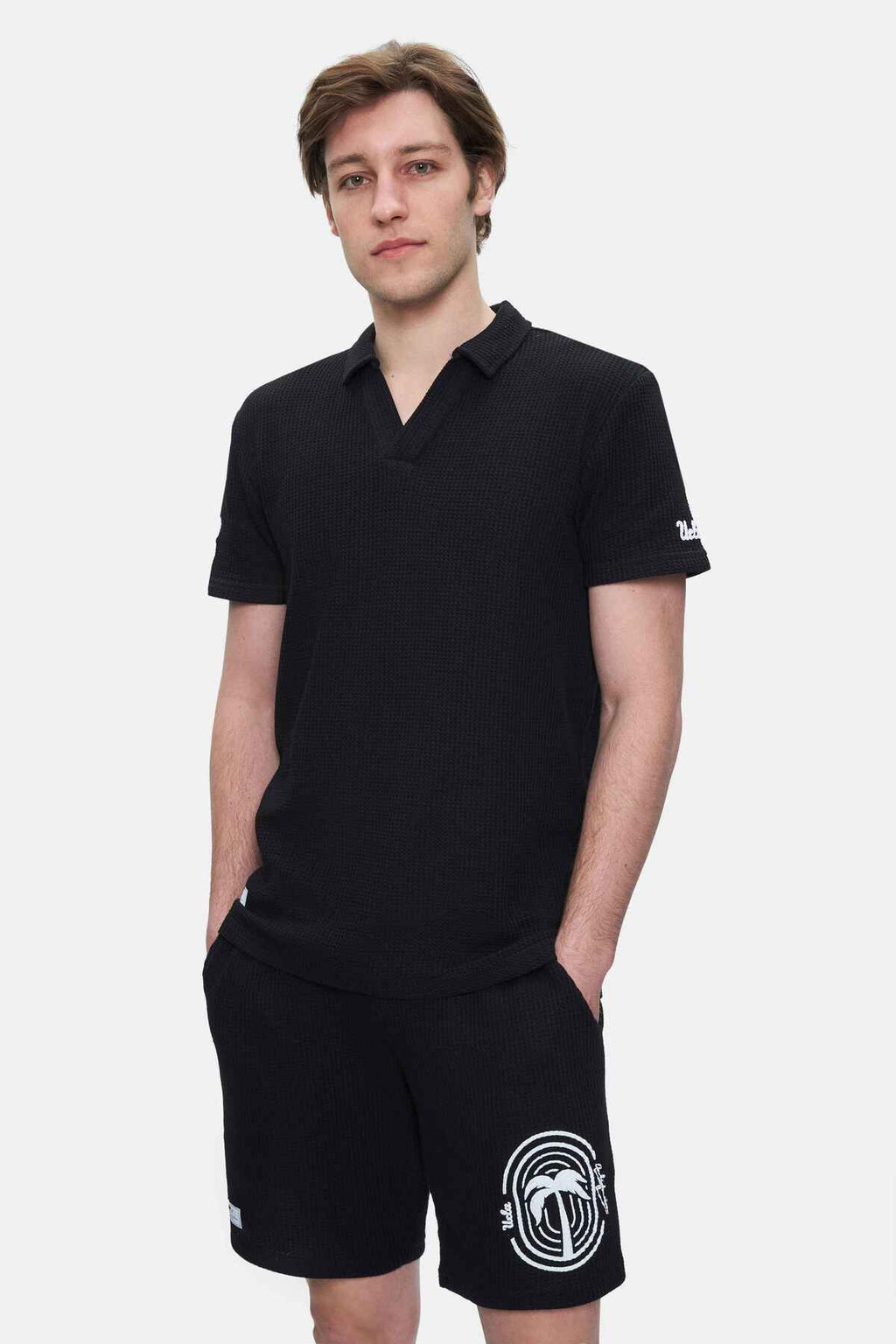 UCLA Tricou cu decolteu la baza gatului, imprimeu cu logo, regular fit, Negru, RUSSEL