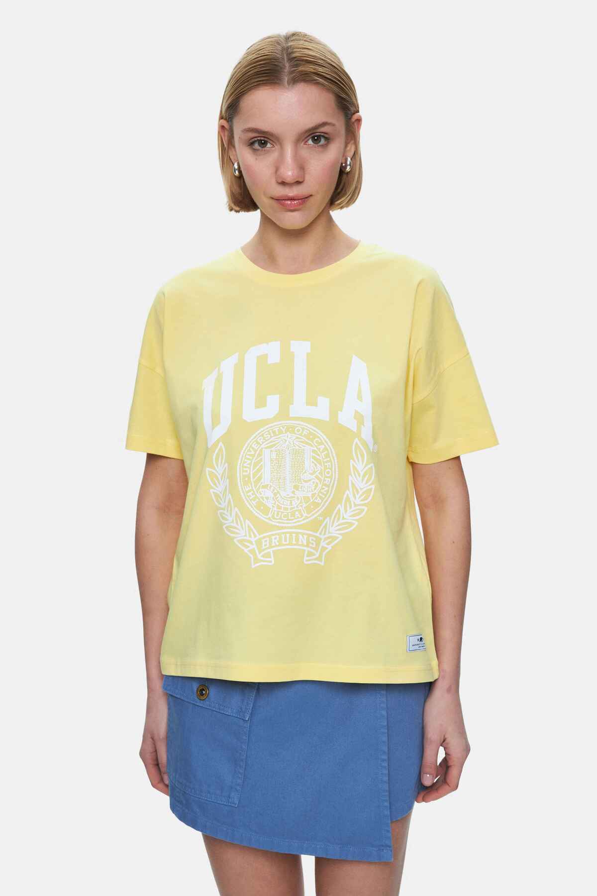 UCLA Tricou cu decolteu la baza gatului, imprimeu cu logo, regular fit, RAYFLOWER, AVALON
