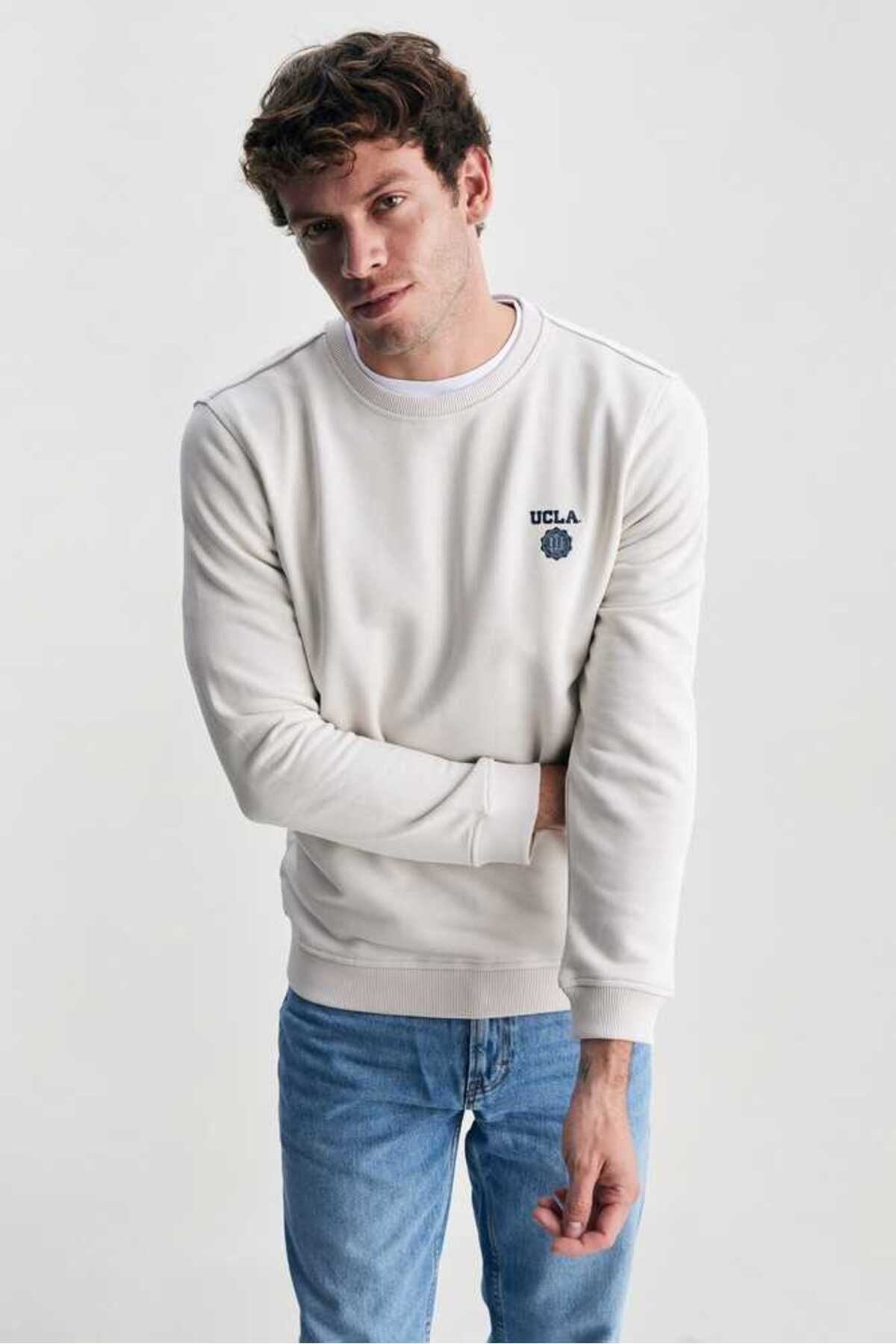 UCLA Bluza cu decolteu la baza gatului, regular fit, imprimeu cu logo, Alb, VALLEY
