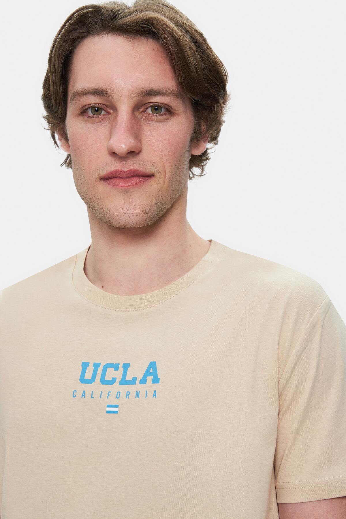 UCLA Tricou cu decolteu la baza gatului, imprimeu cu logo, regular fit, Bej, SHERMAN