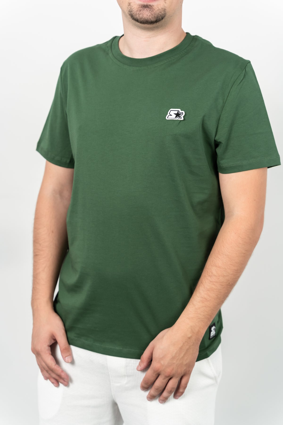 Starter, Tricou cu decolteu la baza gatului, logo discret, regular fit, WARREN, Verde inchis