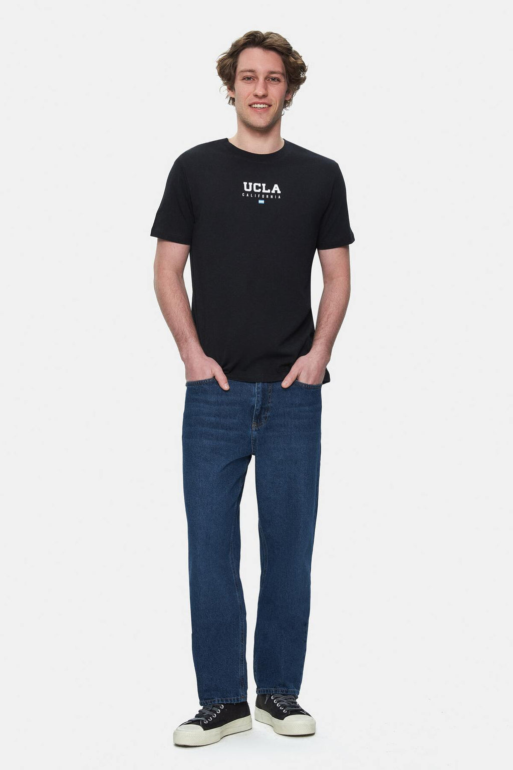 UCLA Tricou cu decolteu la baza gatului, imprimeu cu logo, regular fit, Negru, SHERMAN