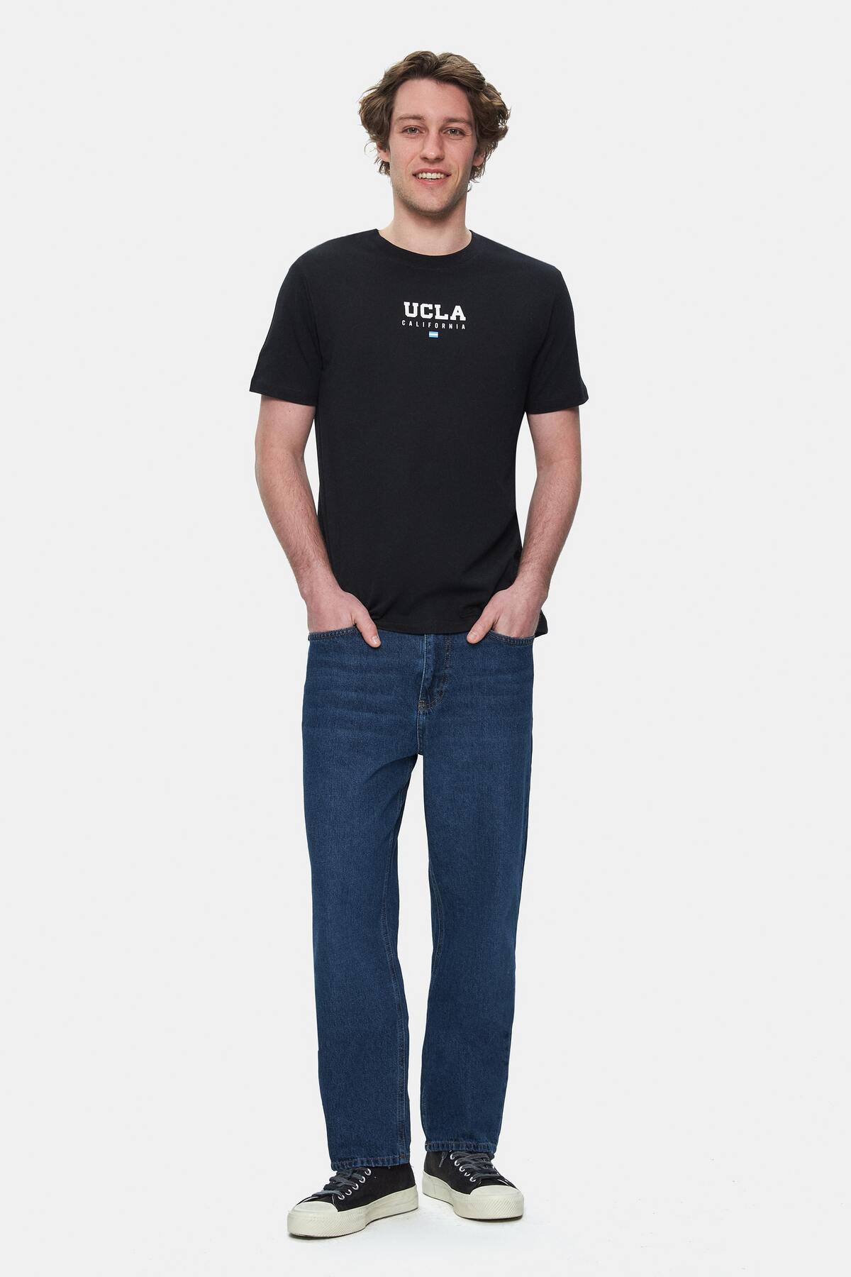 UCLA Tricou cu decolteu la baza gatului, imprimeu cu logo, regular fit, Negru, SHERMAN