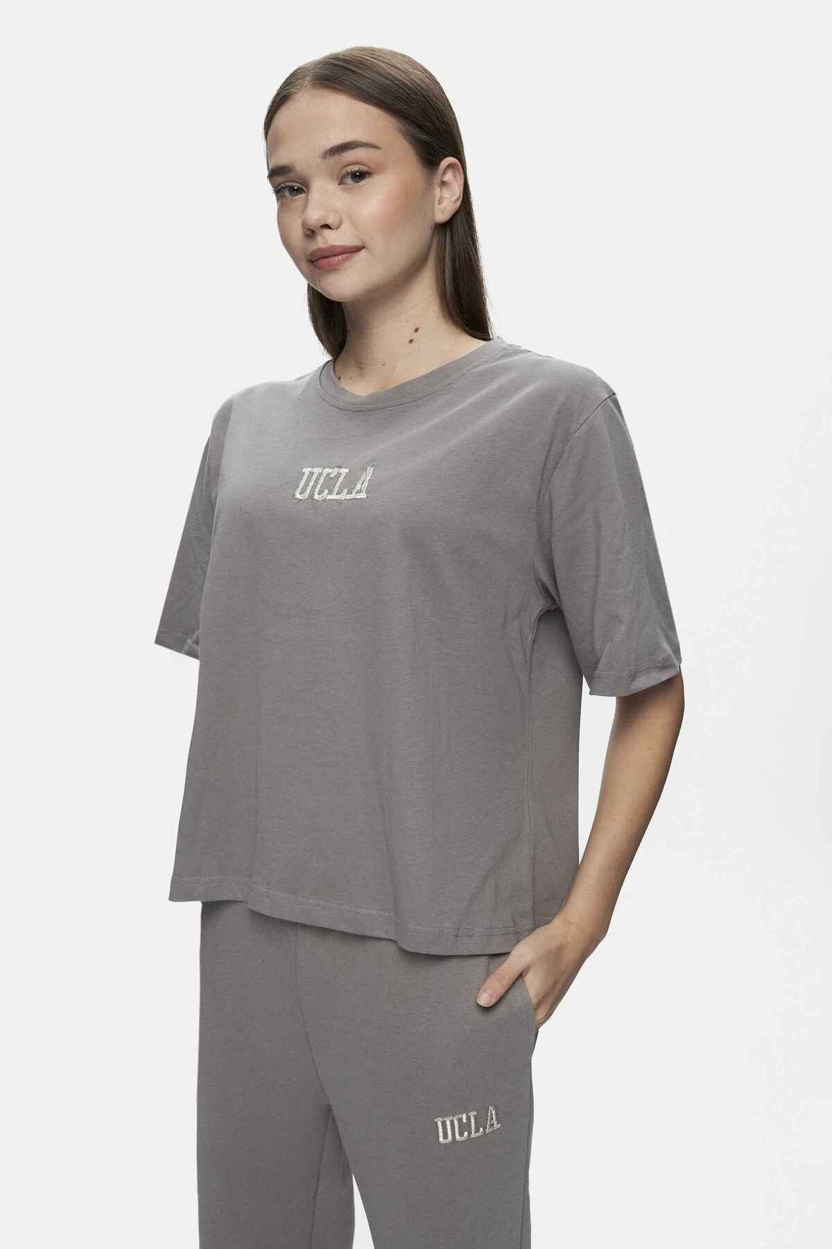 UCLA Tricou cu decolteu la baza gatului, imprimeu cu logo, regular fit, Gri, MANUELA