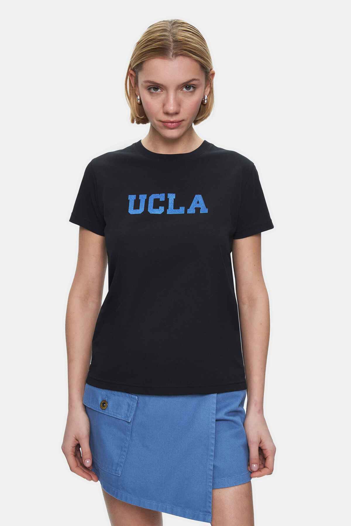 UCLA Tricou cu decolteu la baza gatului, imprimeu cu logo, regular fit, Negru, ISOLDE