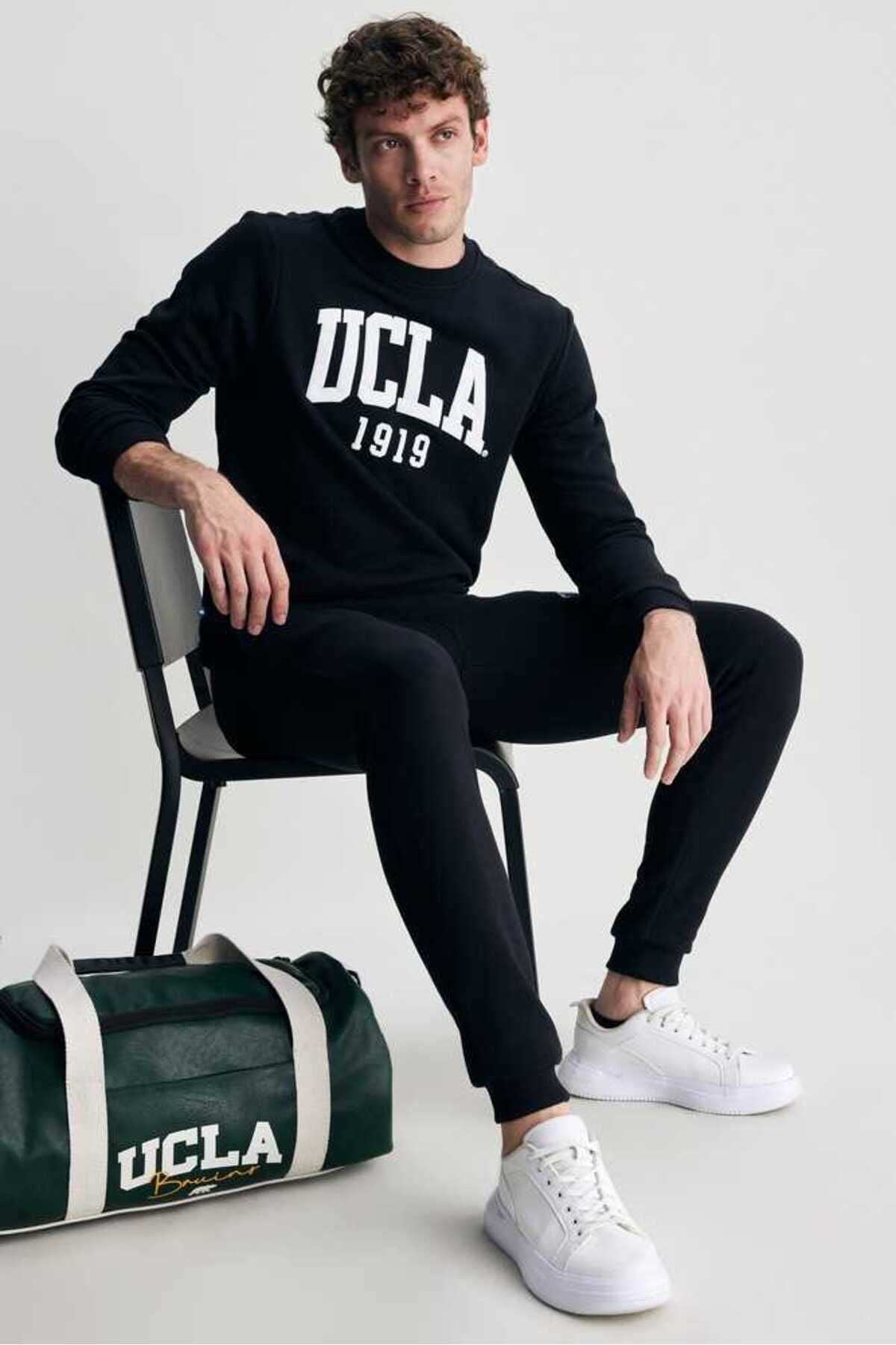 UCLA Bluza cu decolteu la baza gatului, regular fit, imprimeu cu logo, Negru, BALDWIN