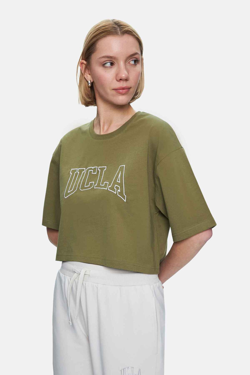 UCLA Tricou cu decolteu la baza gatului, imprimeu cu logo, regular fit, Verde, HELENA