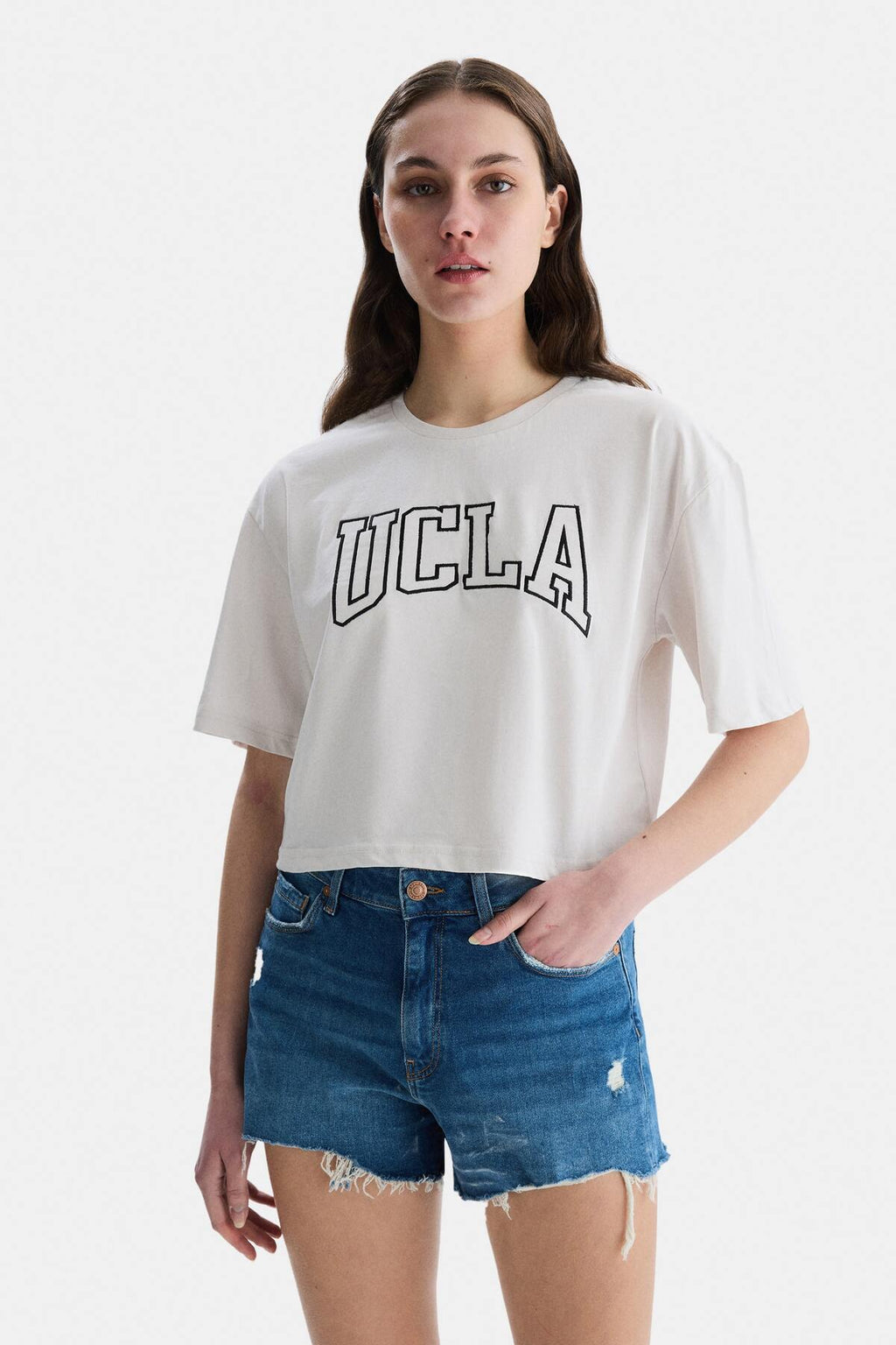 UCLA Tricou cu decolteu la baza gatului, imprimeu cu logo, regular fit, Alb, HELENA