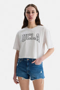 UCLA Tricou cu decolteu la baza gatului, imprimeu cu logo, regular fit, Alb, HELENA