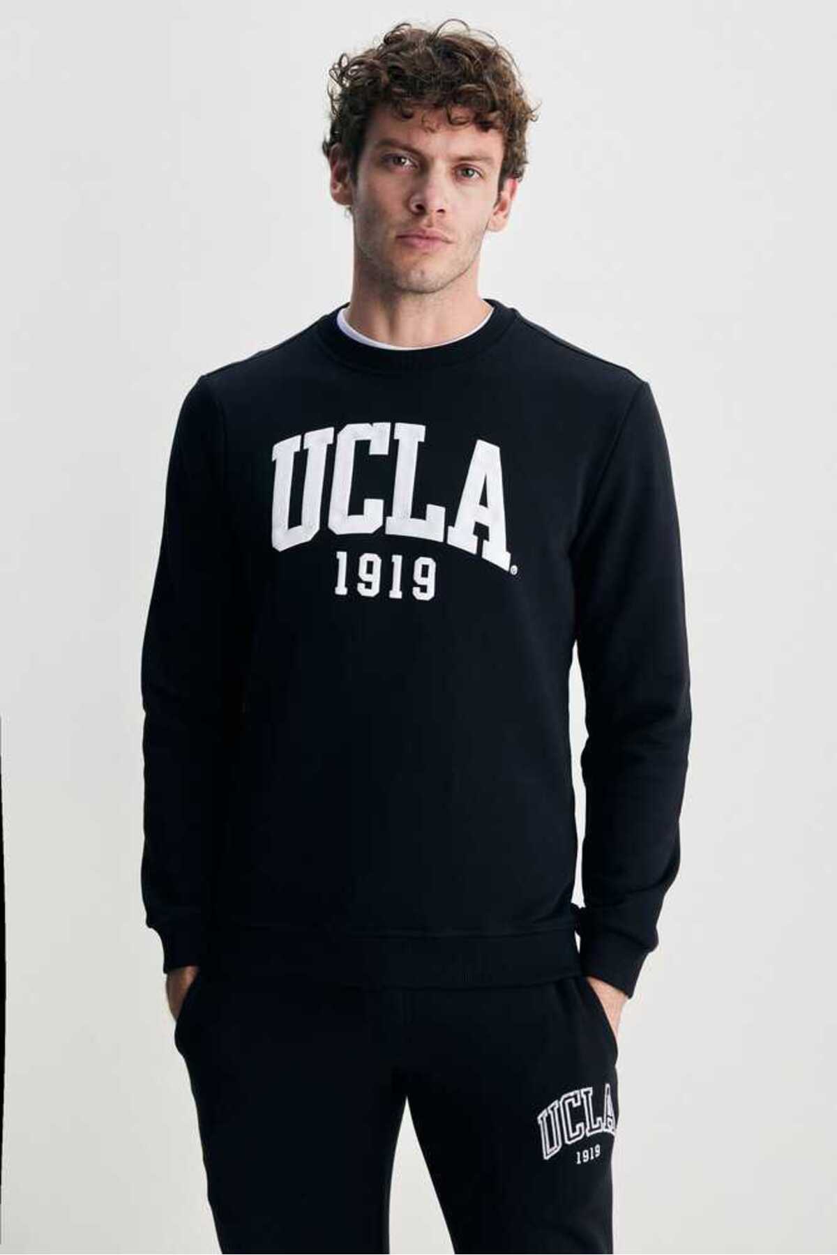 UCLA Bluza cu decolteu la baza gatului, regular fit, imprimeu cu logo, Negru, BALDWIN