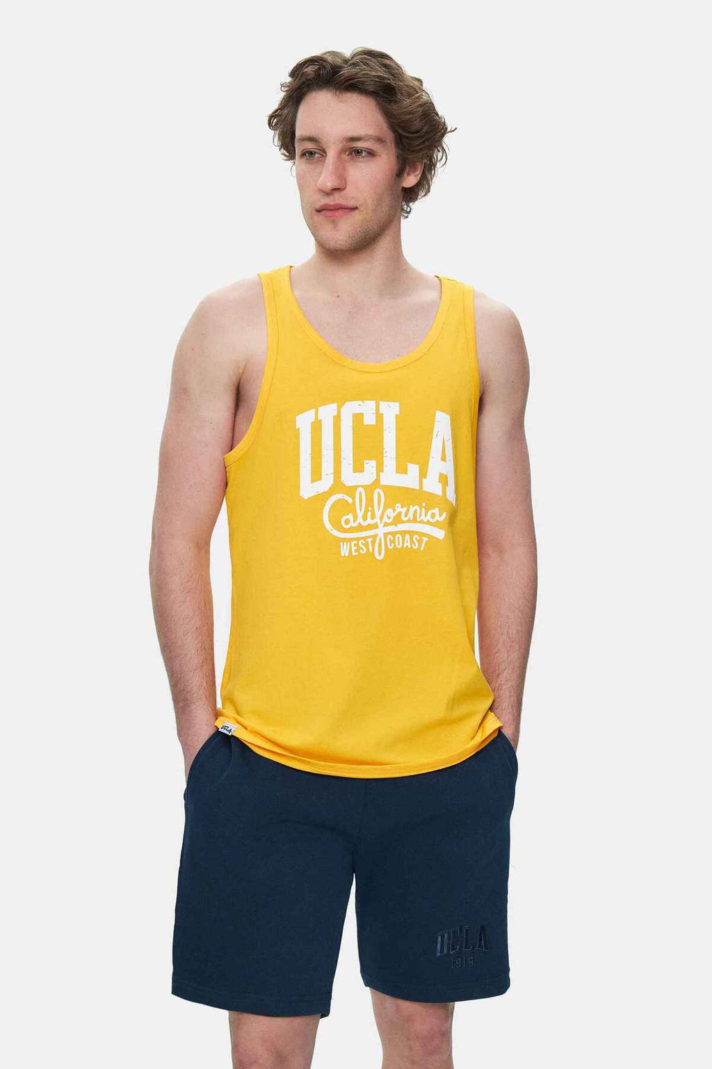 UCLA Tricou cu decolteu la baza gatului, imprimeu cu logo, regular fit, Galben, PEBBLE