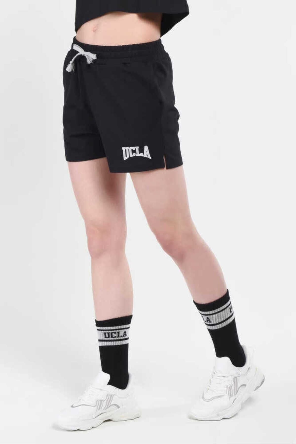 UCLA Pantaloni scurti cu snur si banda elastica in talie, buzunare laterale si imprimeu cu logo discret, Negru, ROSA